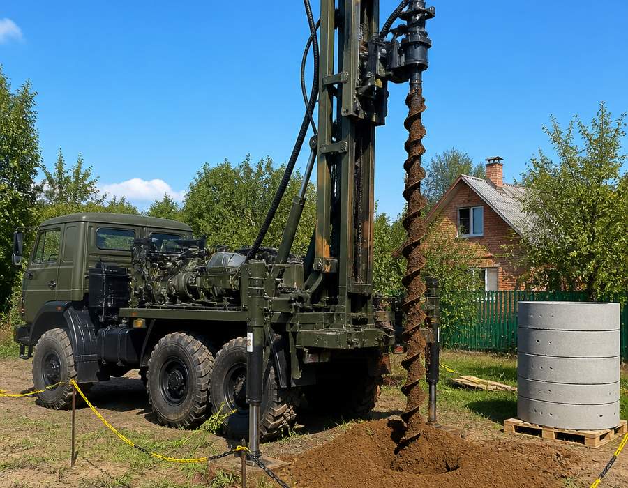 Бурение колодца машиной КАМАЗ — установка УРБ со шнеком